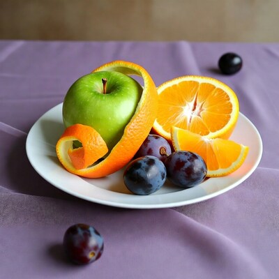 Green apple and orange on plate