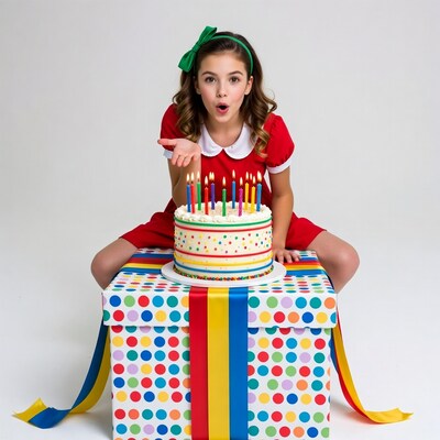 Girl with birthday cake on gift box