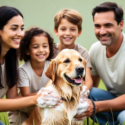 Family Bathing Golden Retriever