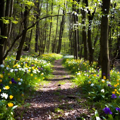 Forest Path with Spring Flowers