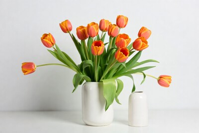 Orange tulips in white vase