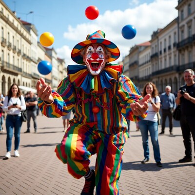 Clown juggling balls in city square