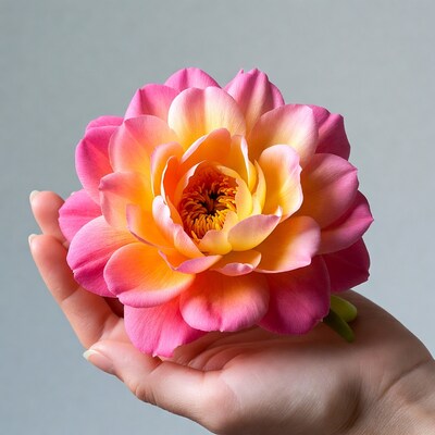 Hand holding colorful lotus flower