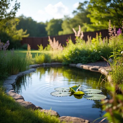 Garden pond with lily pads
