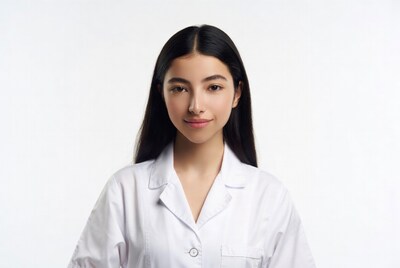 Young woman in white lab coat