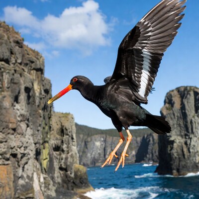 Black bird flying over cliffs