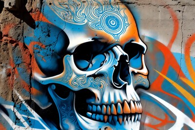 Blue and Orange Skull Graffiti