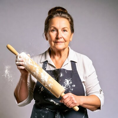 Senior woman holding flour covered rolling pin