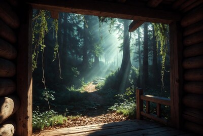 Forest View from Wooden Cabin