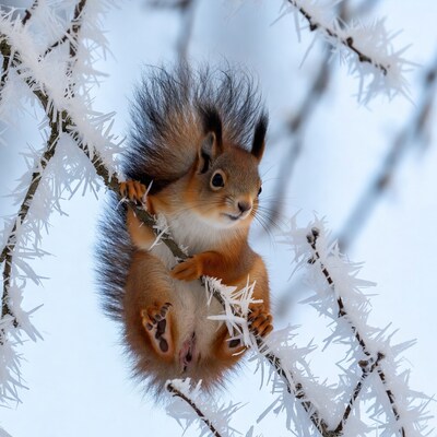 Red squirrel on snowy branch