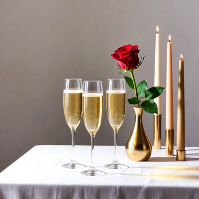 Champagne glasses with red rose and candles