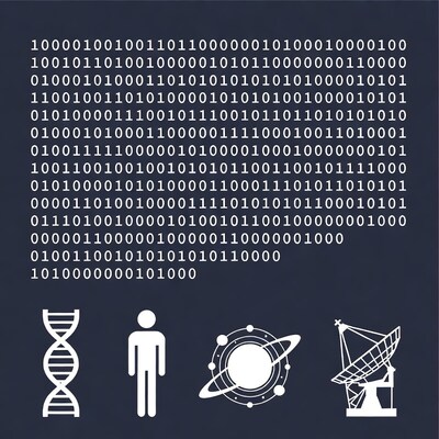 Binary code with science icons