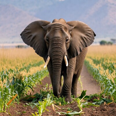 Elephant walking in cornfield