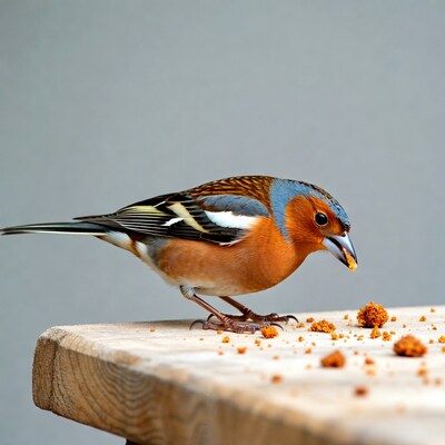 Colorful bird eating crumbs on wood