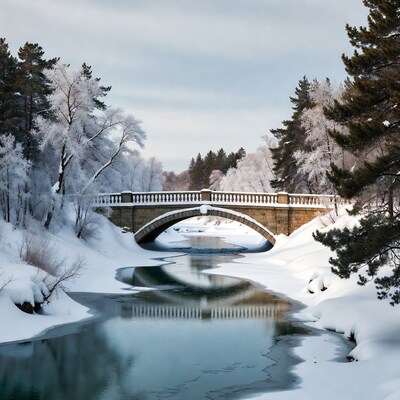 Snowy stone bridge over frozen river