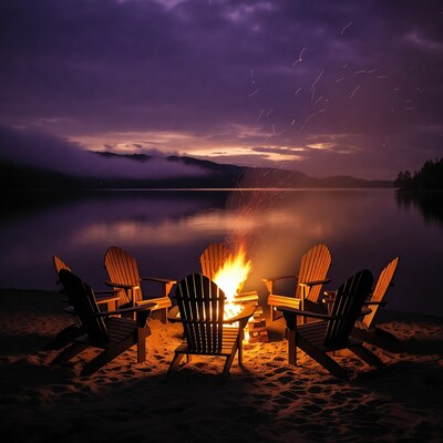 Campfire with Adirondack chairs by lake