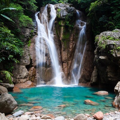 Waterfall cascading into turquoise pool
