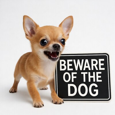 Chihuahua with Beware of the Dog Sign