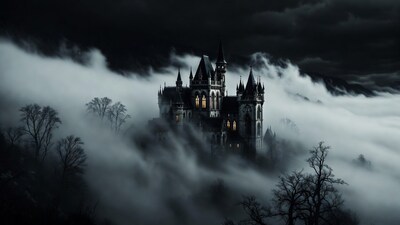 Gothic castle in misty clouds