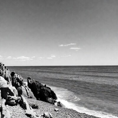 Rocky coast with people in sea