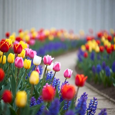 Colorful tulips in garden path