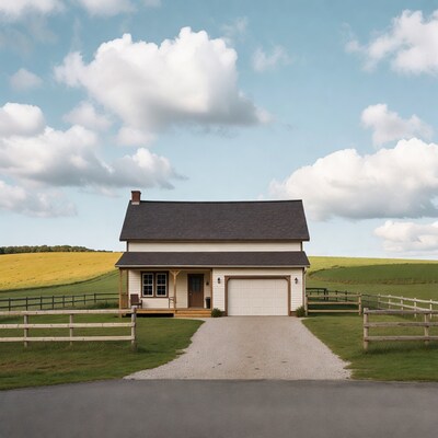 White farmhouse with garage in countryside