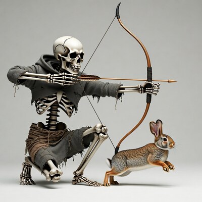 Skeleton aiming bow at rabbit