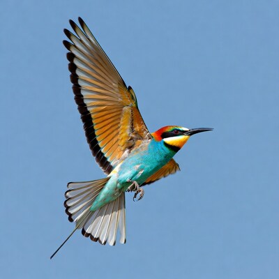 Colorful bird flying in sky