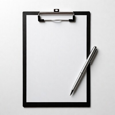 Clipboard with blank paper and pen