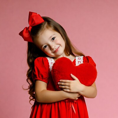 Girl in red dress holding heart