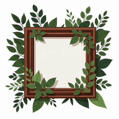 Wooden frame with green leaves