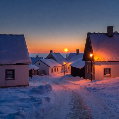 Snowy village at sunset