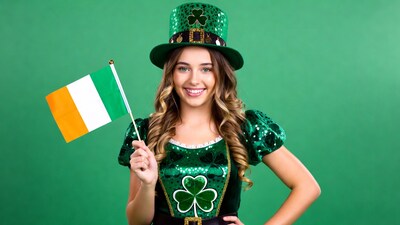 Woman in Irish costume holding flag