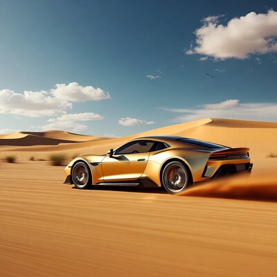 Gold sports car driving in desert