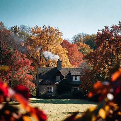 Stone Cottage in Autumn Forest