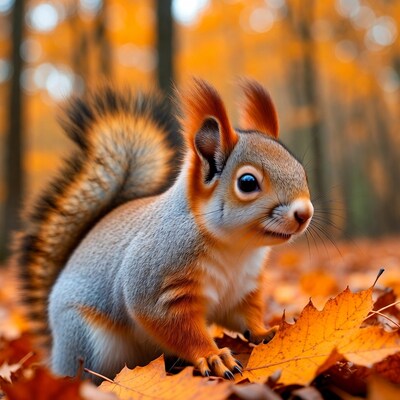 Squirrel on autumn leaves