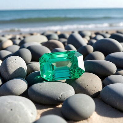 Emerald gemstone on beach pebbles