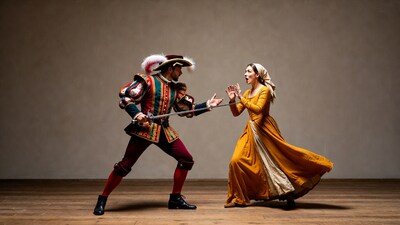 Man in costume pointing sword at woman