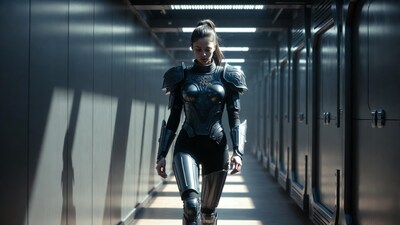Woman in armor walking in corridor