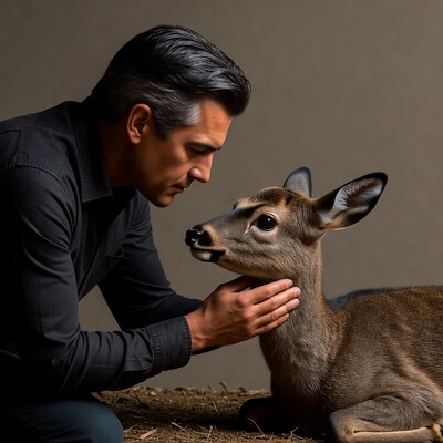 Man touching deer face