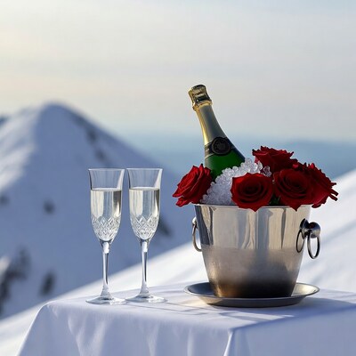 Champagne and roses on snowy mountain