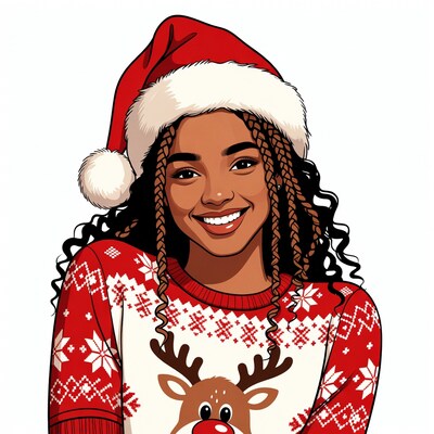 Woman in Christmas Sweater and Santa Hat