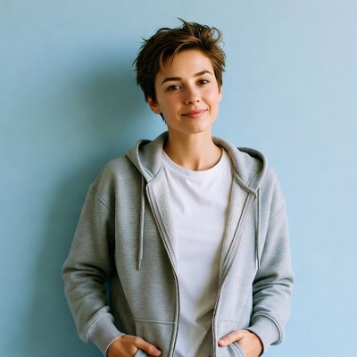 Young woman in gray hoodie