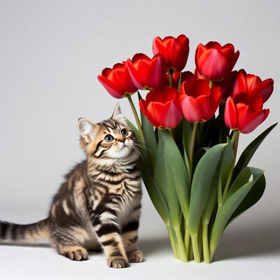 Kitten with red tulips