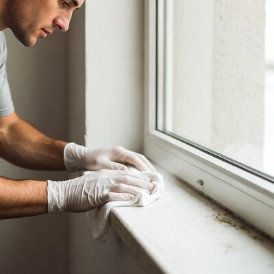 Man cleaning window sill