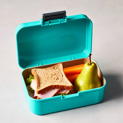 Open lunchbox with sandwich and pear