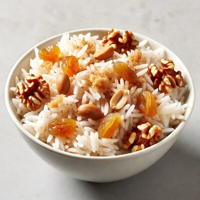 Bowl of rice with nuts and raisins