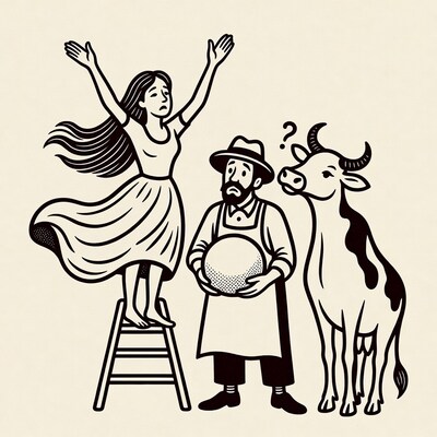 Woman on stool with farmer and cow