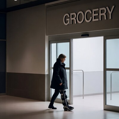 Woman with leg brace entering grocery store