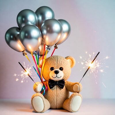 Teddy bear with balloons and sparklers